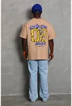 Erkek Baskılı Tişört Kısa Kol Bisiklet Yaka Oversize T-shirt - Bej
