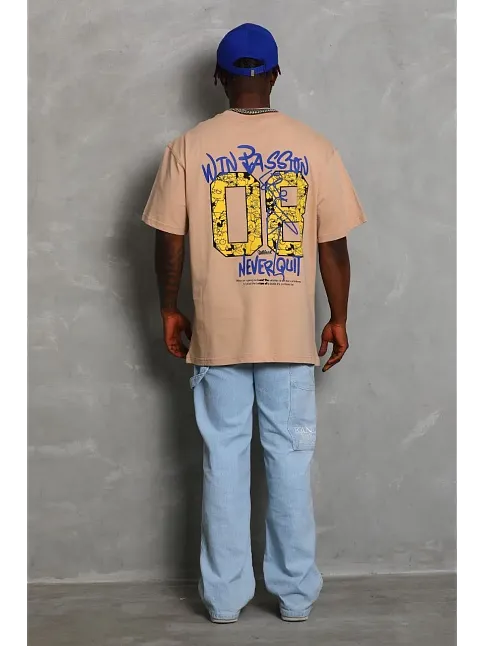 Erkek Baskılı Tişört Kısa Kol Bisiklet Yaka Oversize T-shirt - Bej