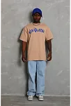 Erkek Baskılı Tişört Kısa Kol Bisiklet Yaka Oversize T-shirt - Bej