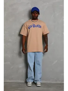 Erkek Baskılı Tişört Kısa Kol Bisiklet Yaka Oversize T-shirt - Bej