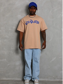 Erkek Baskılı Tişört Kısa Kol Bisiklet Yaka Oversize T-shirt - Bej