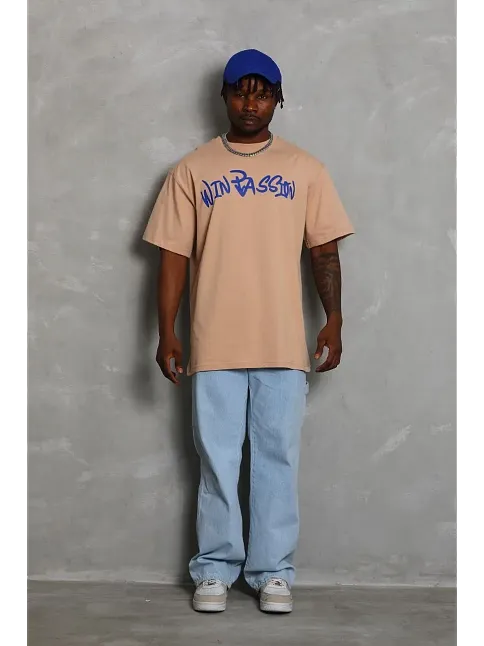 Erkek Baskılı Tişört Kısa Kol Bisiklet Yaka Oversize T-shirt - Bej
