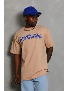 Erkek Baskılı Tişört Kısa Kol Bisiklet Yaka Oversize T-shirt - Bej