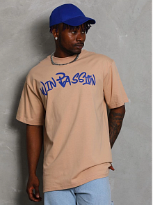 Erkek Baskılı Tişört Kısa Kol Bisiklet Yaka Oversize T-shirt - Bej