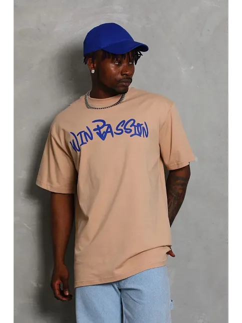Erkek Baskılı Tişört Kısa Kol Bisiklet Yaka Oversize T-shirt - Bej