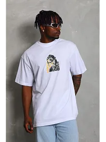 Erkek Baskılı Tişört Kısa Kol Bisiklet Yaka Oversize T-shirt - Beyaz