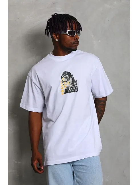 Erkek Baskılı Tişört Kısa Kol Bisiklet Yaka Oversize T-shirt - Beyaz