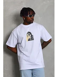 Erkek Baskılı Tişört Kısa Kol Bisiklet Yaka Oversize T-shirt - Beyaz