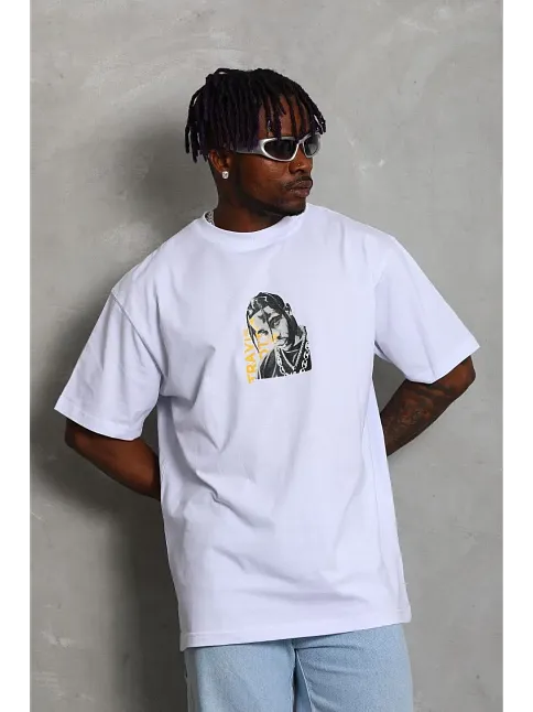 Erkek Baskılı Tişört Kısa Kol Bisiklet Yaka Oversize T-shirt - Beyaz
