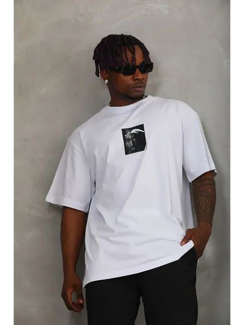 Erkek Kısa Kol Yazlık Tişört Bisiklet Yaka Baskılı Oversize T-shirt - Beyaz