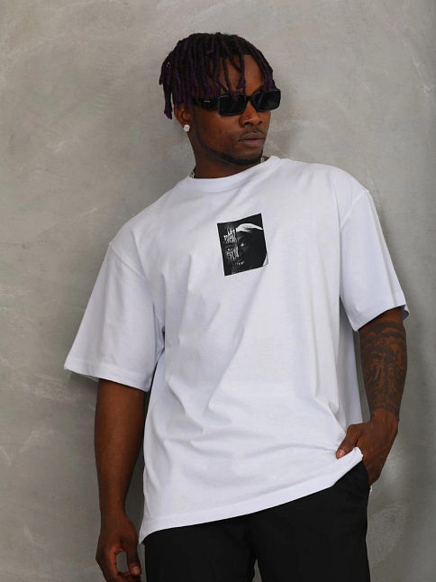 Erkek Kısa Kol Yazlık Tişört Bisiklet Yaka Baskılı Oversize T-shirt - Beyaz