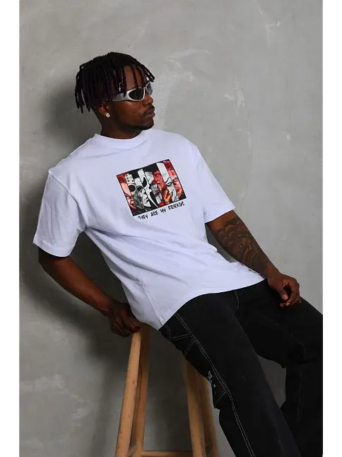 Erkek Baskılı T-shirt Kısa Kol Bisiklet Yaka Regular Fit Rahat Kalıp Günlük Tişört - Beyaz