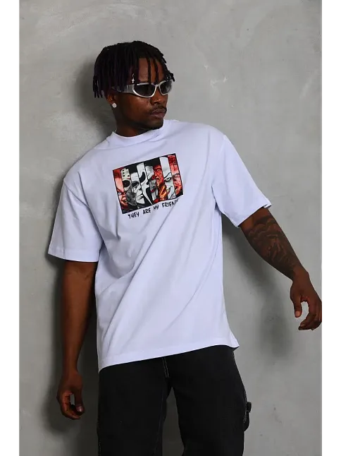 Erkek Baskılı T-shirt Kısa Kol Bisiklet Yaka Regular Fit Rahat Kalıp Günlük Tişört - Beyaz