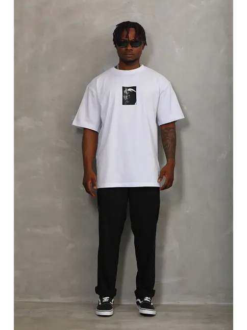 Erkek Kısa Kol Yazlık Tişört Bisiklet Yaka Baskılı Oversize T-shirt - Beyaz