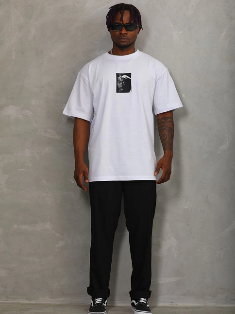 Erkek Kısa Kol Yazlık Tişört Bisiklet Yaka Baskılı Oversize T-shirt - Beyaz