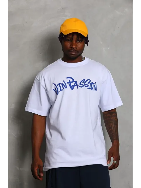 Erkek Baskılı Tişört Kısa Kol Bisiklet Yaka Oversize T-shirt - Beyaz