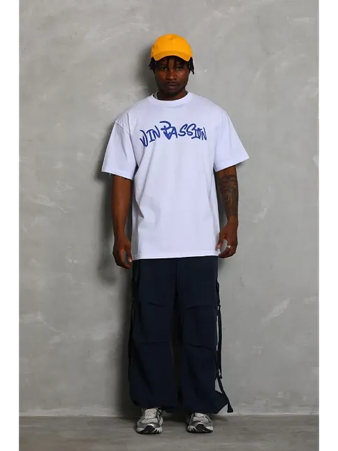 Erkek Baskılı Tişört Kısa Kol Bisiklet Yaka Oversize T-shirt - Beyaz