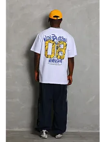 Erkek Baskılı Tişört Kısa Kol Bisiklet Yaka Oversize T-shirt - Beyaz