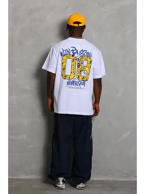 Erkek Baskılı Tişört Kısa Kol Bisiklet Yaka Oversize T-shirt - Beyaz