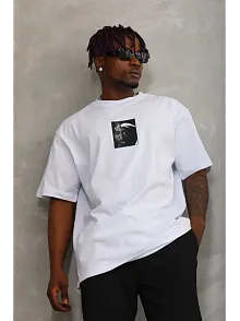 Erkek Kısa Kol Yazlık Tişört Bisiklet Yaka Baskılı Oversize T-shirt - Beyaz