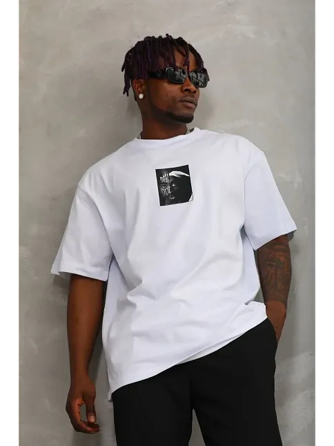 Erkek Kısa Kol Yazlık Tişört Bisiklet Yaka Baskılı Oversize T-shirt - Beyaz