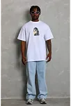 Erkek Baskılı Tişört Kısa Kol Bisiklet Yaka Oversize T-shirt - Beyaz