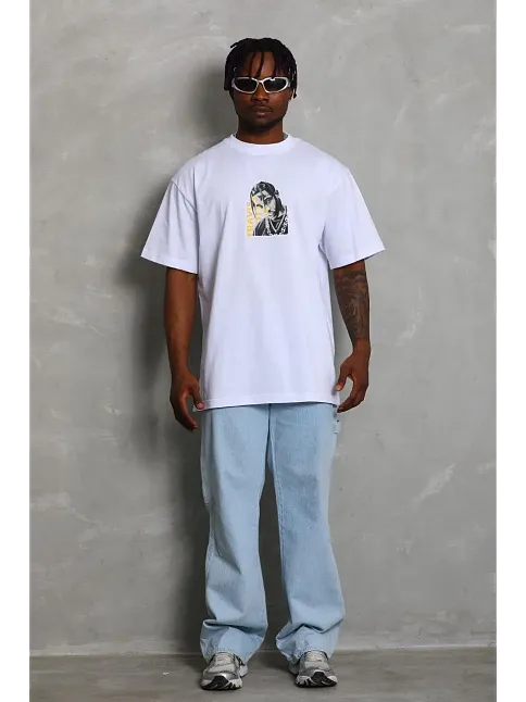 Erkek Baskılı Tişört Kısa Kol Bisiklet Yaka Oversize T-shirt - Beyaz