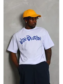Erkek Baskılı Tişört Kısa Kol Bisiklet Yaka Oversize T-shirt - Beyaz