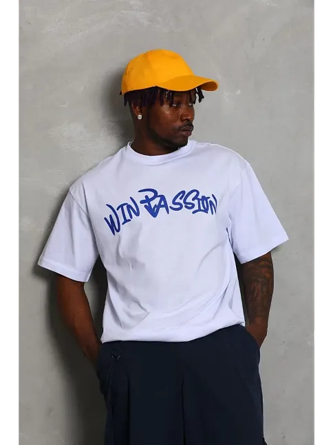 Erkek Baskılı Tişört Kısa Kol Bisiklet Yaka Oversize T-shirt - Beyaz