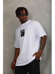 Erkek Kısa Kol Yazlık Tişört Bisiklet Yaka Baskılı Oversize T-shirt - Beyaz
