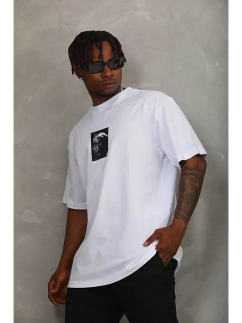 Erkek Kısa Kol Yazlık Tişört Bisiklet Yaka Baskılı Oversize T-shirt - Beyaz
