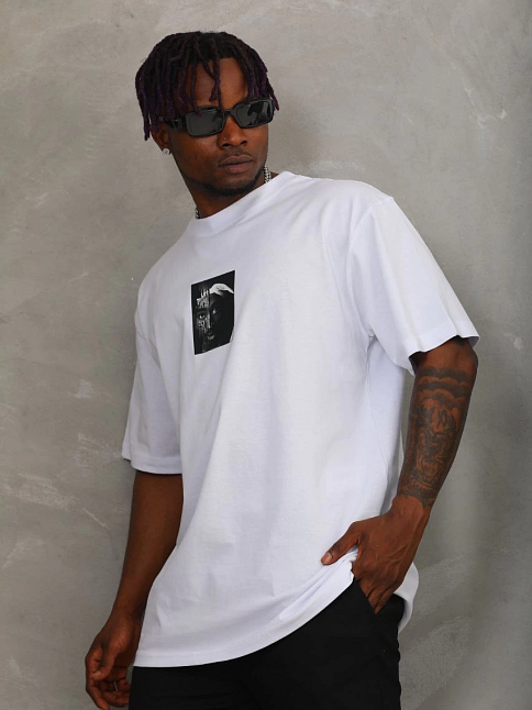 Erkek Kısa Kol Yazlık Tişört Bisiklet Yaka Baskılı Oversize T-shirt - Beyaz