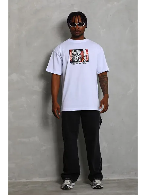 Erkek Baskılı T-shirt Kısa Kol Bisiklet Yaka Regular Fit Rahat Kalıp Günlük Tişört - Beyaz