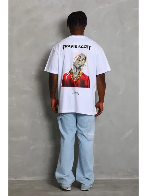 Erkek Baskılı Tişört Kısa Kol Bisiklet Yaka Oversize T-shirt - Beyaz