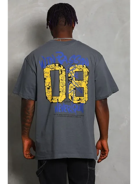 Erkek Baskılı Tişort Kısa Kol Bisiklet Yaka Oversize T-shirt - Füme