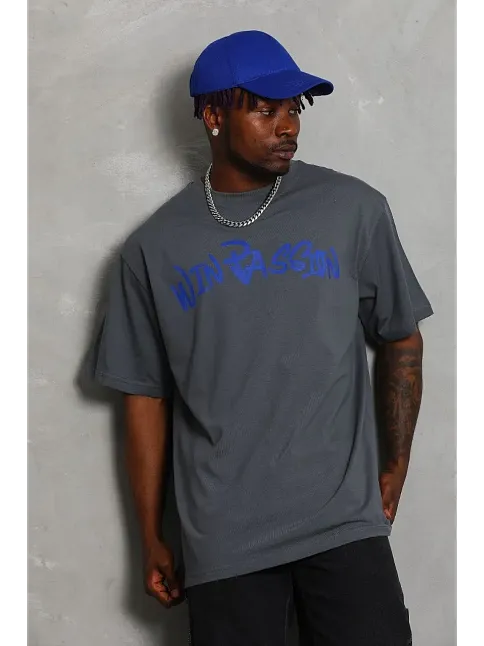 Erkek Baskılı Tişort Kısa Kol Bisiklet Yaka Oversize T-shirt - Füme