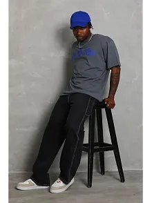 Erkek Baskılı Tişort Kısa Kol Bisiklet Yaka Oversize T-shirt - Füme