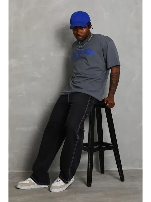 Erkek Baskılı Tişort Kısa Kol Bisiklet Yaka Oversize T-shirt - Füme