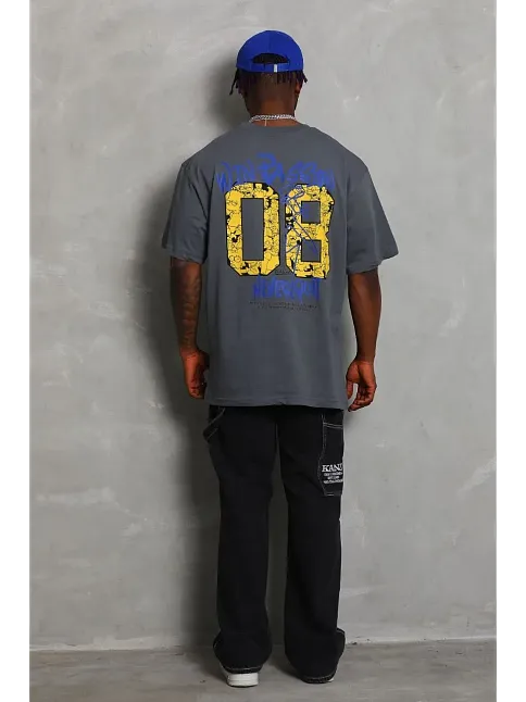 Erkek Baskılı Tişort Kısa Kol Bisiklet Yaka Oversize T-shirt - Füme