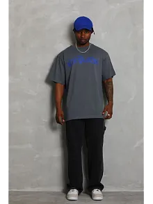 Erkek Baskılı Tişort Kısa Kol Bisiklet Yaka Oversize T-shirt - Füme