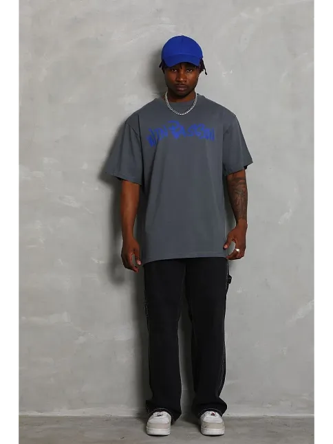 Erkek Baskılı Tişort Kısa Kol Bisiklet Yaka Oversize T-shirt - Füme