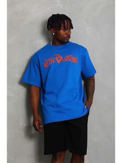 Erkek Baskılı Tişört Kısa Kol Bisiklet Yaka Oversize T-shirt - Mavi