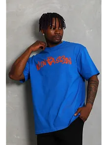 Erkek Baskılı Tişört Kısa Kol Bisiklet Yaka Oversize T-shirt - Mavi
