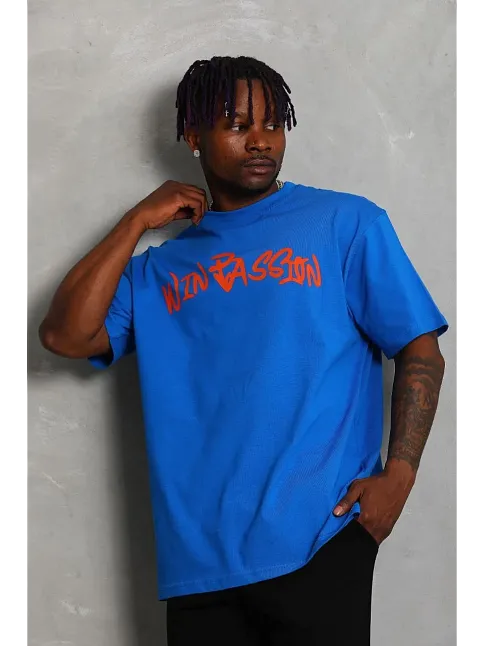 Erkek Baskılı Tişört Kısa Kol Bisiklet Yaka Oversize T-shirt - Mavi
