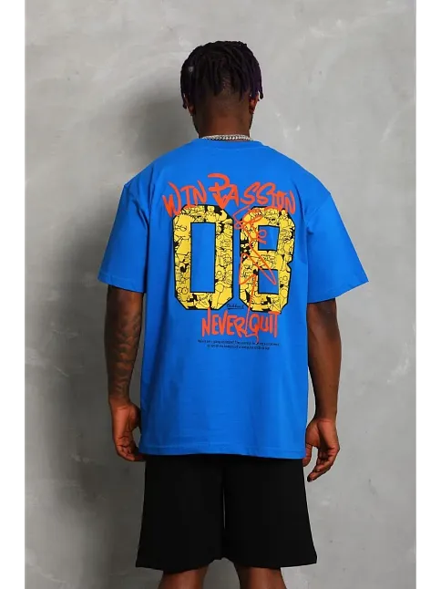 Erkek Baskılı Tişört Kısa Kol Bisiklet Yaka Oversize T-shirt - Mavi