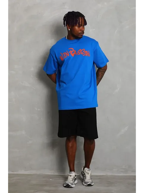 Erkek Baskılı Tişört Kısa Kol Bisiklet Yaka Oversize T-shirt - Mavi