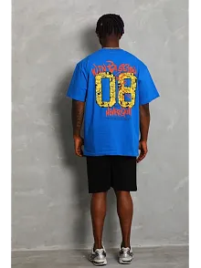 Erkek Baskılı Tişört Kısa Kol Bisiklet Yaka Oversize T-shirt - Mavi