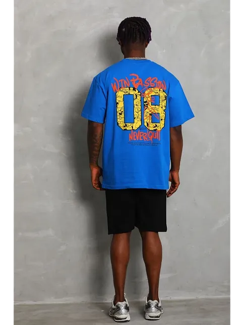 Erkek Baskılı Tişört Kısa Kol Bisiklet Yaka Oversize T-shirt - Mavi