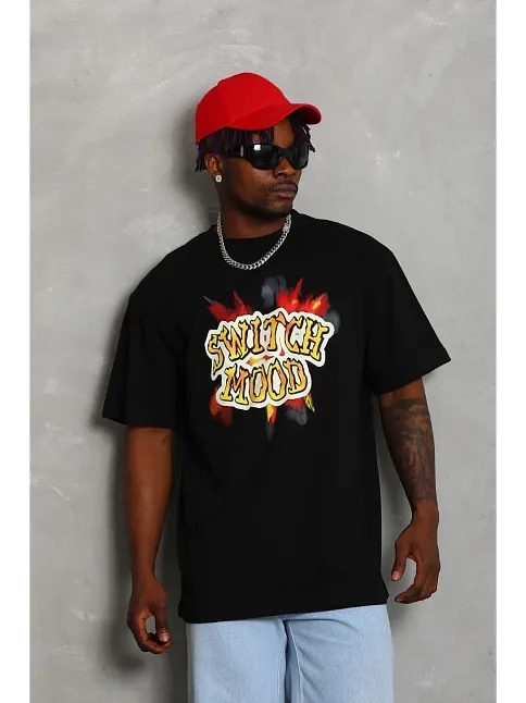 Erkek Baskılı T-shirt Kısa Kol Bisiklet Yaka Rahat Kalıp Tişört - Siyah