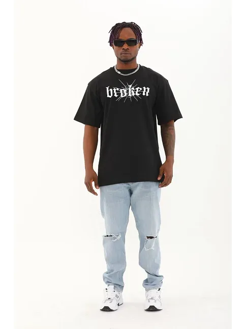 Erkek Baskılı T-shirt Kısa Kol Bisiklet Yaka Regular Fit Rahat Kalıp Günlük Tişört - Siyah